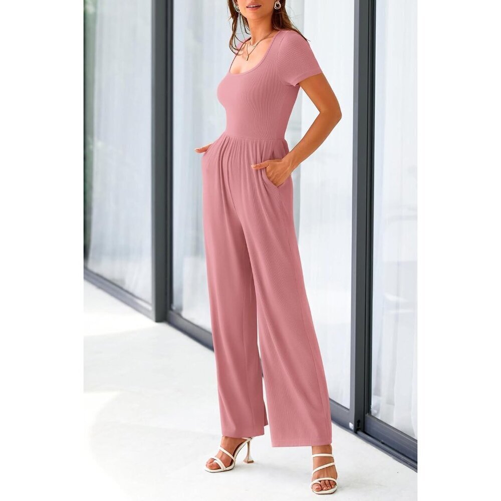 Women's Dusty Pink Summer Short Sleeve Square Neck Wide Leg Rompers Jumpsuits - Picture 7 of 8